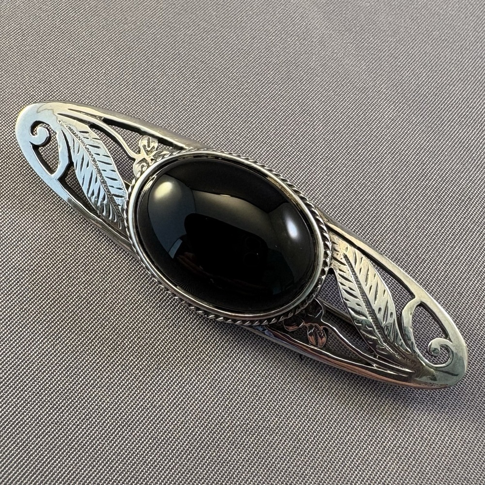 Vintage Bar Brooch Black Stone Silver‎ Leaves Whimsigoth Estate Costume Jewelry